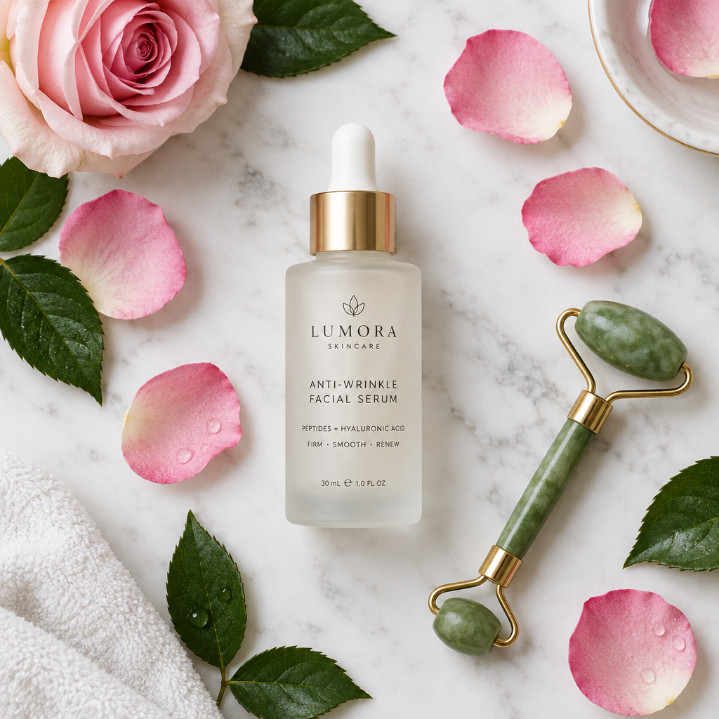 Hydrating Anti-Wrinkle Facial Serum lifestyle flatlay on marble with rose petals and jade roller