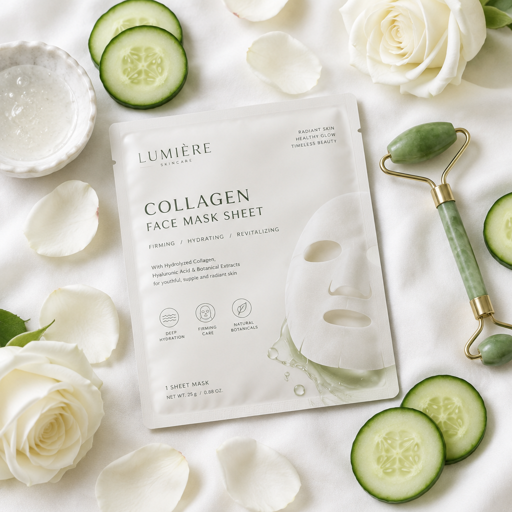 Collagen face mask lifestyle flatlay with cucumber slices, white rose petals and jade roller on white background