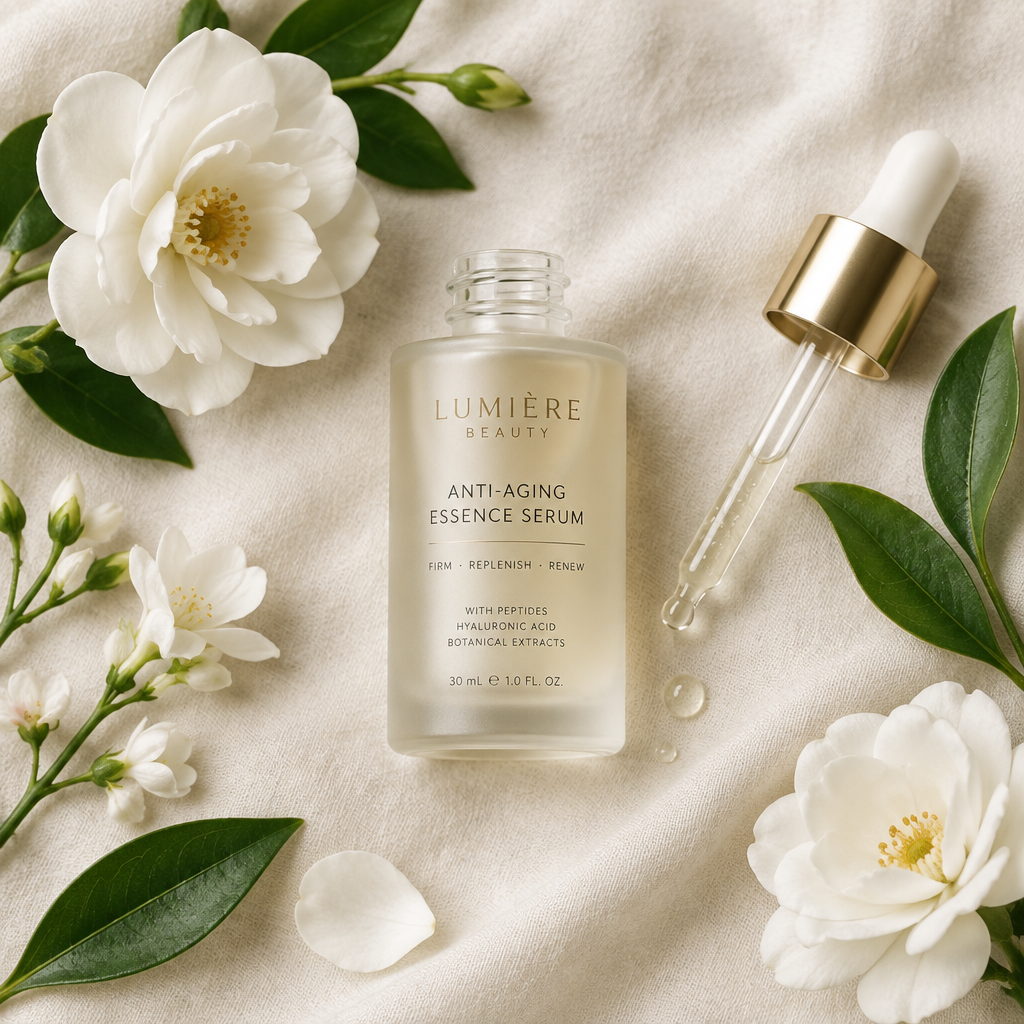 Anti-Aging Essence serum bottle lifestyle flatlay on cream linen with white flowers and botanicals